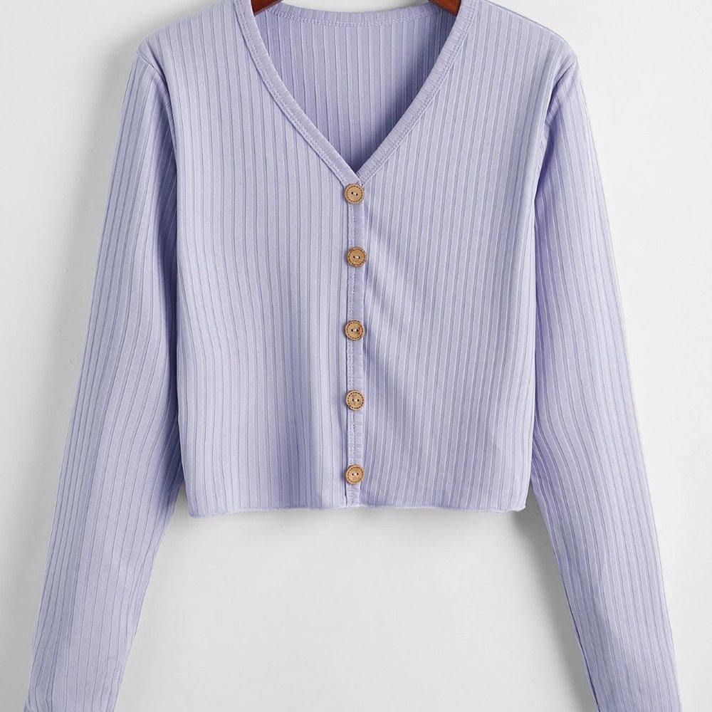 V-neck Button Front Solid Tee